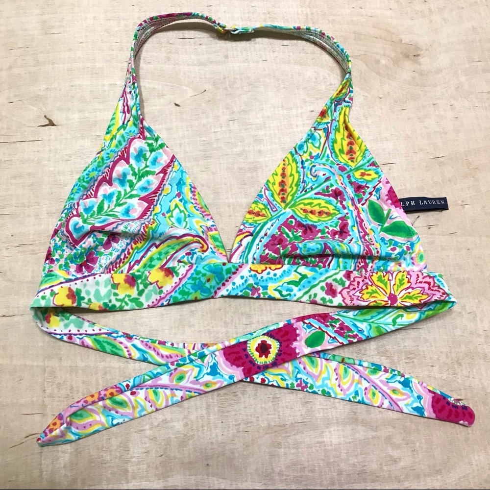 Ralph Lauren preppy classic paisley triangle halter bikini top adjustable; S